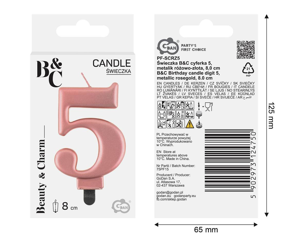 Birthday candle digit 5, metallic rosegold, 8 cm